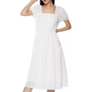 BLACK TAPE SZ M White Square Neck Puff Sleeve Tiered Midi Dress NWT B134